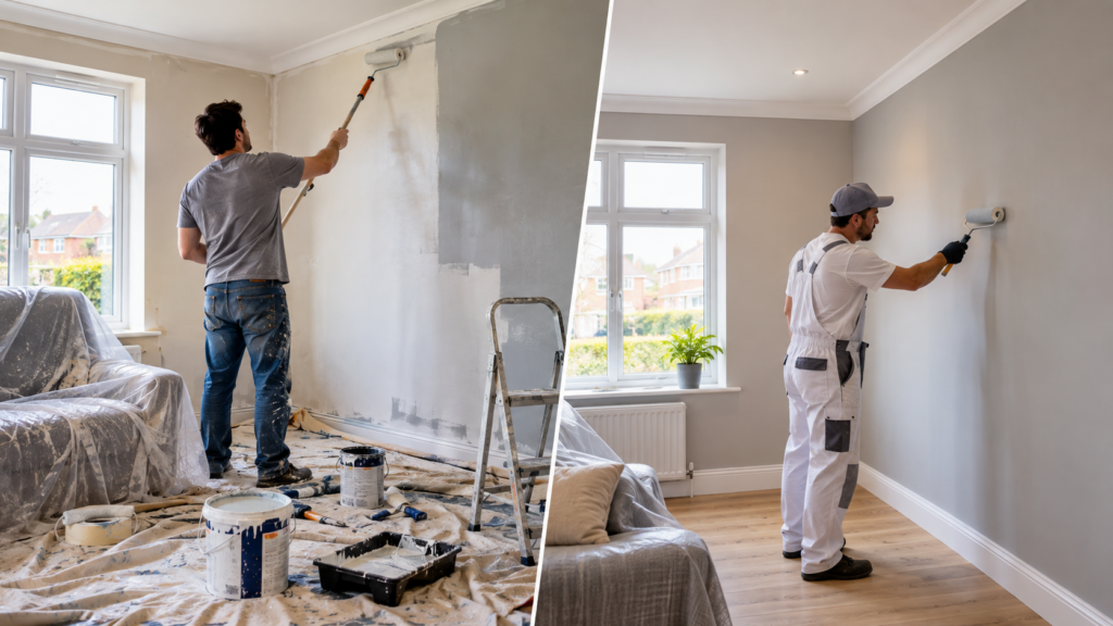 DIY vs professional interior painting in Neath Hill showing a room being painted compared with a professionally finished interior.
