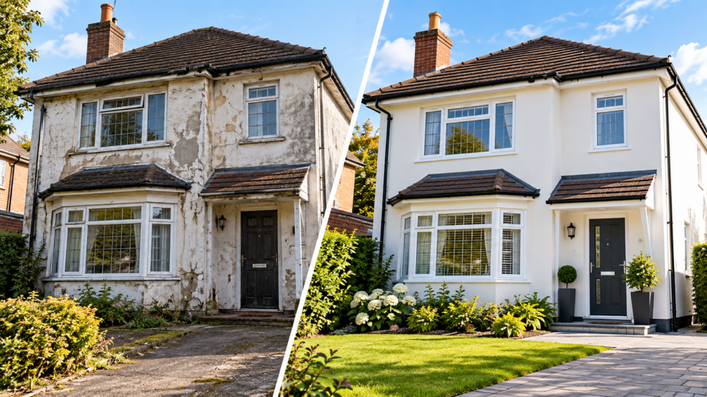 Before and after exterior house painting showing a weathered Neath Hill home transformed with a fresh protective finish