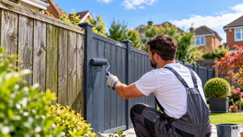 Freshly painted fence in Neath Hill showing professional fence painting and home improvement work